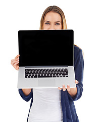 Image showing Laptop screen, mockup and woman portrait isolated on a white background for website launch or coming soon. Person or model with computer mock up space for advertising or presentation in studio