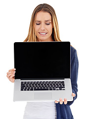 Image showing Laptop screen, mockup and woman confused isolated on a white background for website choice, decision or bad results. Person or model with computer mock up or online space with news or doubt in studio