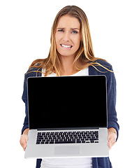 Image showing Computer screen, stress and woman portrait isolated on a white background, website choice, confused or online mistake. Person with laptop mockup and doubt, fear or worried for app results in studio