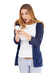 Image showing Shocked, wow and woman on a phone isolated a white background for fake news, wrong email or mistake. Surprise, fear or stress of person or online user with cellphone or mobile app problem in studio