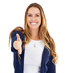 Image showing Handshake, offer and portrait of woman isolated on a white background for welcome, agreement or introduction. Happy person shaking hands in client pov for greeting, congratulations or deal in studio