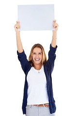 Image showing Poster mockup, portrait and success of woman isolated on a white background for winning, promotion deal and space. Happy, excited person with board or sign in air for announcement or news in studio