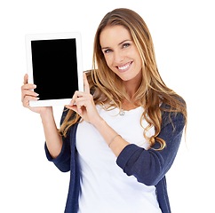 Image showing Tablet screen, space and woman in portrait isolated on white background of website design or advertising mock up. Happy person or online user with digital technology, application and mockup in studio