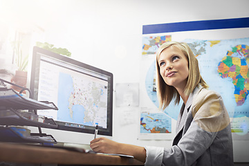 Image showing Office computer, agent and woman thinking of travel route, recommendation or inspiration for tour, vacation or holiday. Digital map, destination or agency person working on destination location ideas