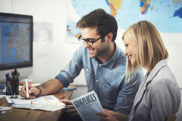 Image showing Travel agency office, happy people and agent planning collaboration, teamwork and cooperation on tour journey. Holiday, tourism industry and team writing plan, transport route or map recommendation