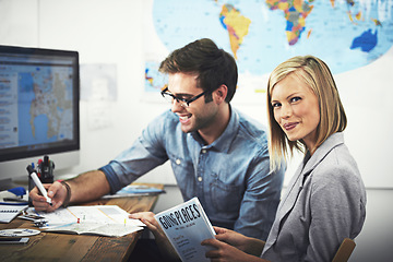 Image showing Travel agency office, portrait agent and happy people planning collaboration, teamwork or cooperation on tour journey. Trip, tourism brochure and team work on plan, transport route or map destination