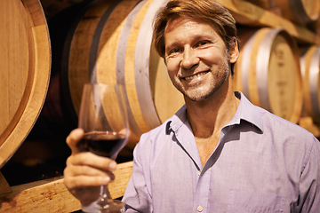 Image showing Portrait, wine and taste with a man in the cellar of a distillery on a farm for production or fermentation of alcohol. Glass, winery and barrel with a male farmer tasting a drink for quality control