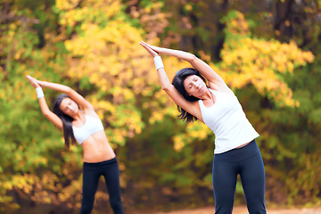 Image showing Women, exercise stretching and calm in a outdoor park for yoga and fitness. Health, wellness and arm stretch of female friends in nature on forest feeling relax from body and sport together in woods