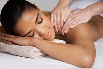 Image showing Woman, eyes closed or hands for back massage in hotel to relax for zen resting or wellness physical therapy. Face of girl in salon spa for body healing, sleeping or natural holistic detox by masseuse