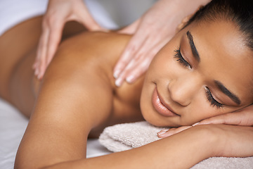 Image showing Girl, sleeping or hands for back massage in spa to relax for zen resting or wellness physical therapy. Calm woman in hotel salon for body healing treatment or natural holistic detox by masseuse