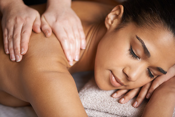 Image showing Woman, sleeping or hands for back massage in spa to relax for zen resting or wellness physical therapy. Face of girl in hotel salon for body healing treatment or natural holistic detox by masseuse