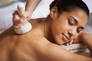 Image showing Girl, compress or hands for back massage in salon to relax for zen resting or wellness in physical therapy healing. Woman in spa for sleeping or natural holistic body detox by masseuse with hot balls