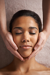 Image showing Woman sleeping, hands or head massage to relax for zen resting or wellness physical therapy in spa. Above face of girl in salon to exfoliate for facial healing treatment, beauty or holistic detox