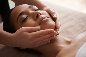 Image showing Girl sleeping, hands or head massage to relax for zen resting or wellness physical therapy in luxury spa. Face of woman in salon to exfoliate for facial healing treatment, beauty or holistic detox