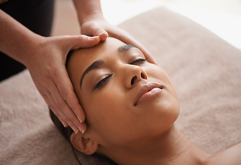 Image showing Girl, hands or head massage to relax in spa for zen resting, sleeping wellness or luxury physical therapy. Face of woman in salon to exfoliate for facial healing treatment, beauty or holistic detox