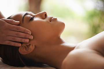 Image showing Woman, hands or head massage to relax in spa for zen resting, sleeping wellness or luxury physical therapy. Face of girl in salon to exfoliate for facial healing treatment, beauty or holistic detox