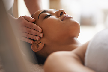 Image showing Woman, hands or head massage in spa for zen resting, sleeping wellness or relaxing physical therapy. Calm, eyes closed or girl in salon to exfoliate for facial healing treatment, beauty or detox