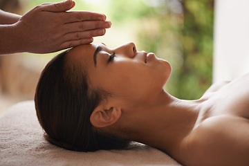 Image showing Girl, hands or head massage in spa hotel for zen resting, sleeping wellness or relaxing physical therapy. Calm, eyes closed or woman in beauty salon to exfoliate for facial healing treatment or detox