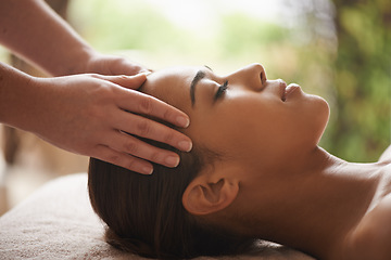 Image showing Girl, hands or head massage in hotel spa for zen resting, sleeping wellness or relaxing physical therapy. Calm, eyes closed or woman in beauty salon to exfoliate for facial healing treatment or detox