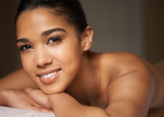 Image showing Happy woman, face portrait or massage to relax for zen resting or wellness physical therapy in spa. Smile, skincare beauty or girl in luxury salon for body healing treatment or holistic detox