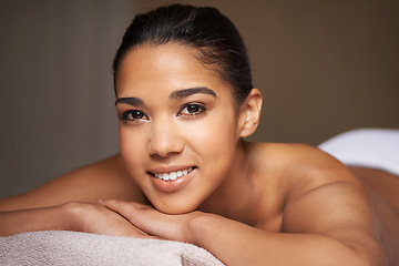 Image showing Happy girl, beauty portrait or massage to relax for zen resting or wellness physical therapy in luxury spa resort. Face of woman smiling in salon for body healing treatment or natural holistic detox