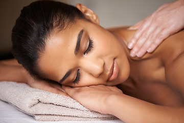 Image showing Girl, eyes closed or hands for back massage in hotel to relax for zen resting or wellness physical therapy. Face of woman in salon spa for body healing, sleeping or natural holistic detox by masseuse