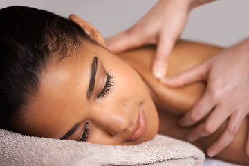 Image showing Girl, sleep or hands for massage in spa to relax for zen resting, wellness or luxury physical therapy. Spine or face of woman in salon for body healing, sleeping or natural holistic detox by masseuse