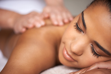 Image showing Woman, sleeping or hands for massage in hotel spa to relax for zen resting or wellness physical therapy. Face closeup of girl client in salon for body healing or natural holistic detox by masseuse
