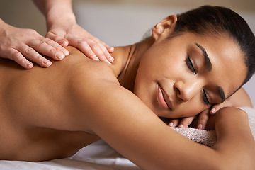 Image showing Woman, eyes closed or hands for massage in salon to relax for zen resting or wellness physical therapy. Face of girl in spa for body healing, sleeping or natural holistic detox by masseuse