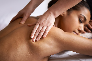 Image showing Girl, eyes closed or hands for back massage in salon to relax for zen resting or wellness physical therapy. Closeup of woman in spa for body healing, sleeping or natural holistic detox by masseuse