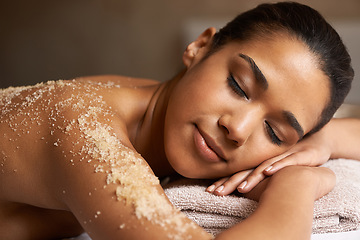 Image showing Eyes closed, body scrub or back massage for woman to relax for resting or wellness physical therapy in spa. Girl client sleeping in beauty salon to exfoliate for a healthy skincare healing treatment