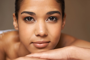 Image showing Face portrait, beauty or massage for woman to relax for resting, zen calm or wellness physical therapy in spa. Zoom of girl client in hotel salon to exfoliate for healthy skincare healing treatment