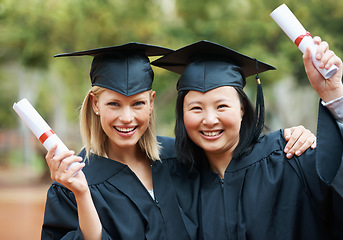 Image showing Graduation, girl friends portrait and study diploma of students with happy face outdoor. Celebrating, female student and campus graduate with happiness and college achievement with diversity and toga