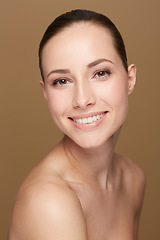 Image showing Portrait, smile and woman with dermatology, cosmetics and beauty against a brown studio background. Face, female person and model with skincare, salon treatment and luxury with wellness and self care