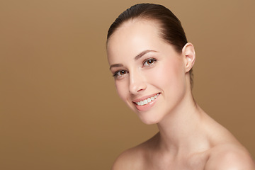 Image showing Mockup, portrait and woman with beauty, dermatology and confident against a brown studio background. Face, female person and girl with cosmetics, skincare and luxury with salon treatment and wellness