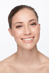 Image showing Portrait, skincare and woman with cosmetics, beauty and happiness isolated against a white studio background. Face, female person and girl with salon treatment, grooming and luxury with dermatology