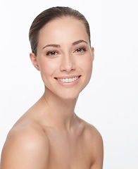 Image showing Portrait, smile and woman with beauty, dermatology and self care isolated against a white studio background. Face, female person and model with happiness, grooming and wellness with salon treatment