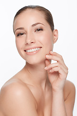 Image showing Portrait, skincare and woman with beauty, luxury and happy girl isolated against a white studio background. Face, female person or model with dermatology, salon treatment and grooming with confidence