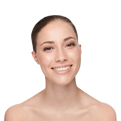 Image showing Portrait, smile and woman with beauty, dermatology and confident model isolated against white studio background. Face, female person and girl with happiness, salon treatment and luxury with cosmetics