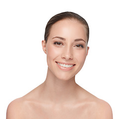 Image showing Portrait, beauty and woman with a smile, dermatology and cosmetics isolated against a white studio background. Face, female person and model with happiness, grooming and salon treatment with luxury