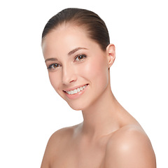 Image showing Portrait, beauty and woman with cosmetics, smile and girl isolated against a white studio background. Face, female person and model with self care, grooming routine and dermatology with healthy skin