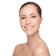 Image showing Portrait, beauty and woman with luxury, cosmetics and confident girl isolated against a white studio background. Face, female person and model with self care, bare and dermatology with healthy skin