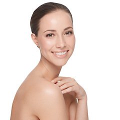 Image showing Portrait, luxury and woman with beauty, dermatology and self care isolated against a white studio background. Face, female person and model with a smile, organic facial and bare with grooming routine