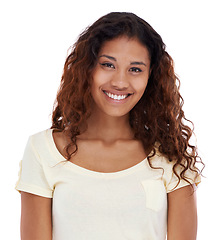 Image showing Natural beauty, face and a portrait of a woman in studio for smile, skincare and dermatology. Headshot of a real female person from Costa Rica isolated on a white background with happiness and curls