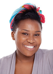 Image showing Black woman, face and natural beauty portrait in studio for facial shine, skin care and cosmetics. Happy headshot of a real African female person isolated on a white background with smile for closeup