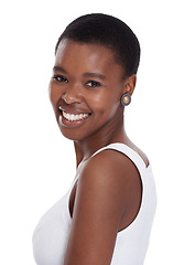 Image showing Face, natural beauty and portrait of a black woman in studio for facial shine, skincare and dermatology. Happy headshot of real person from Africa isolated on a white background with a smile and glow