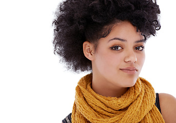 Image showing Natural face, beauty and portrait of a woman in studio for facial shine, skincare and dermatology. Headshot of a real female person from London isolated on a white background with mockup space