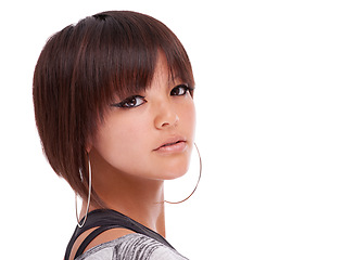 Image showing Beauty, face and portrait of woman in studio with makeup, cosmetics and skin glow. Headshot of young female model person from South Africa isolated on a white background with shine, mockup and space