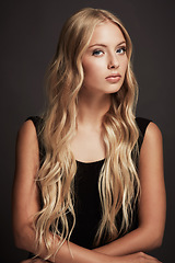 Image showing Face, beauty and portrait of a woman with makeup, cosmetics and long hair in studio. Serious female aesthetic model with a skin glow, luxury skincare and fashion on a grey or dark background