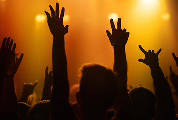 Image showing Orange lights, hands of people at concert or music festival dancing with energy in silhouette at live event. Dance, fun and group of excited fans in arena at rock band performance or crowd at party.